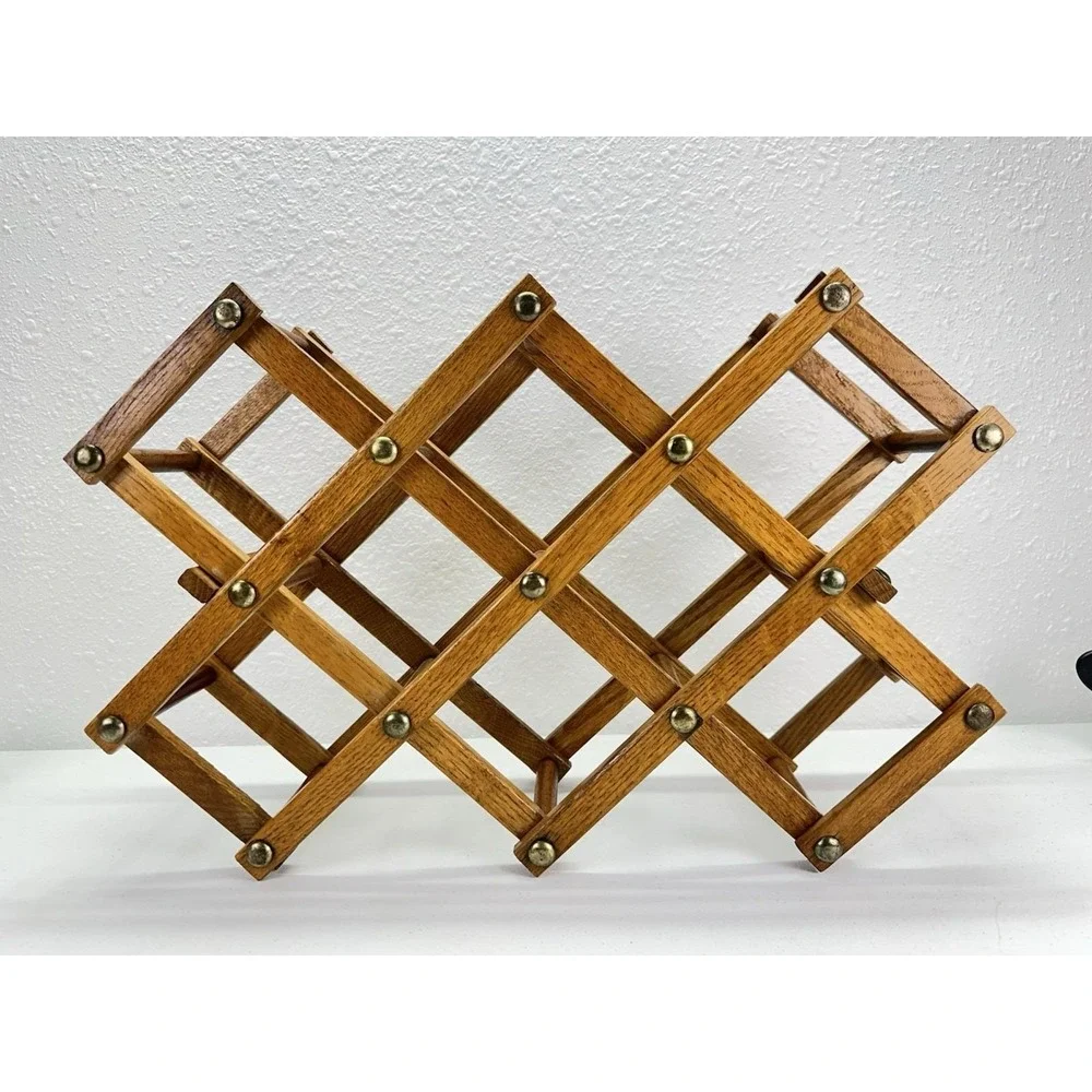 Vintage Expandable Wooden Wine Rack Accordion Style Oak Brass Tone Rivets MCM